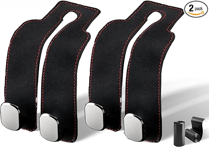 Suede Leather Headrest Hooks for Car, 2 Pack Double Seat Back Organizer Hooks for Purses & Bags, Heavy Duty Metal Car Purse Holder for Handbags, Grocery Bags, Universal Vehicle Storage Accessories by VIDONIO