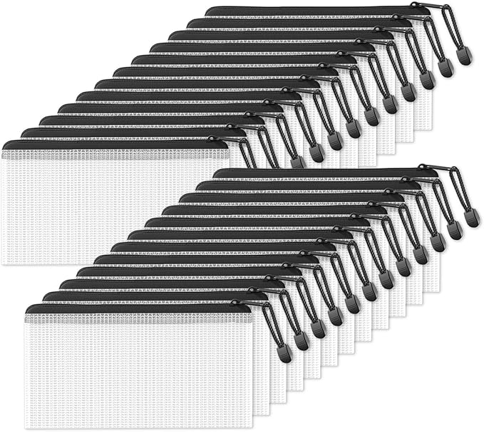 SUNEE Plastic Mesh Zipper Pouch 4.6x9.2 in (Black, 24 Packs), Small Water-Resistant Zip Bag for School Office Supplies, Pencil Organizing Storage by SUNEE