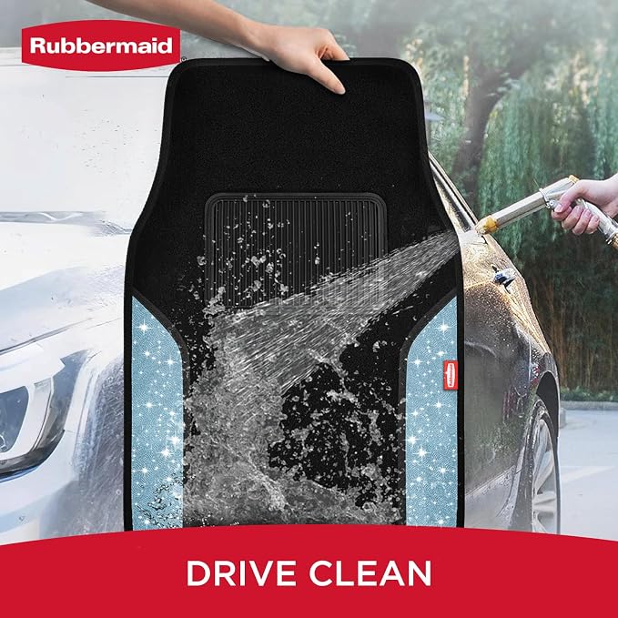 Rubbermaid Bling Car Mats, Carpeted Floor Car Mat with Faux Leather & Built-in Heel Pad, Two-Tone Car Rug Floor Mats, Stylish Carpeted Floor Mats for Cars, Trucks & SUVs Glitter Blue Color - Image 5