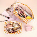 SOIDRAM 2 Pieces Makeup Bag Large Checkered Cosmetic Bag Capacity Canvas Mix Travel Toiletry Bag Organizer Cute Makeup Brushes Aesthetic Accessories Storage Bag for Women, Yellow checkered - Image 3