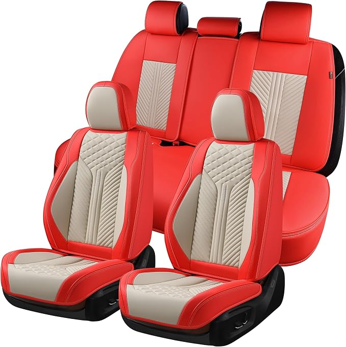 Coverado Leather Car Seat Covers Full Set, 5 Seats Seat Covers for Cars, Waterproof Car Seat Cushions, Front and Rear Seat Protectors Universal Fit Most Vehicles (Red&Beige) by COVERADOAUTO