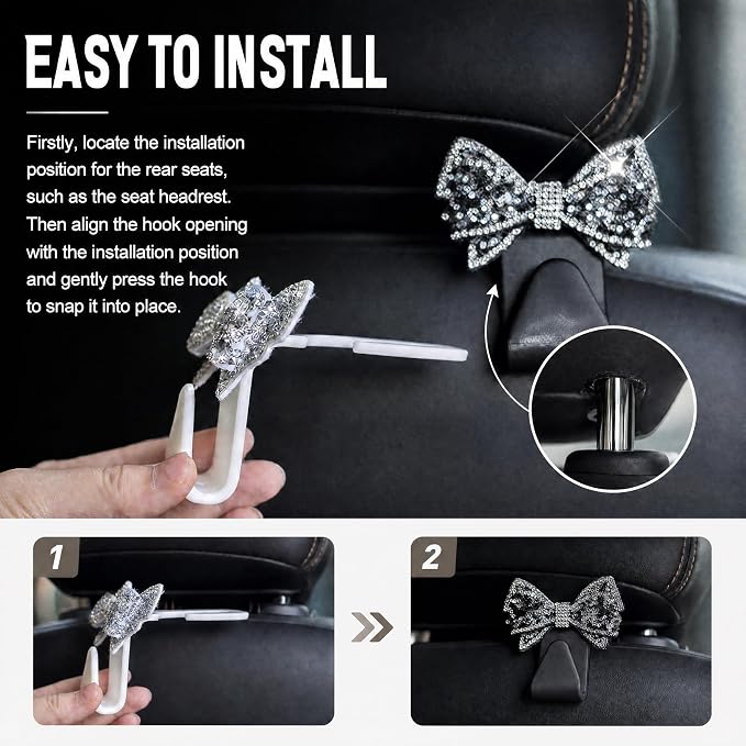 2-Pack Bling Car Seat Headrest Hooks, S Type Crystal Seat Back Hangers, Vehicle Seat Back Storage Hooks, Universal Car Rear Seat Organizer for Handbag, Purse, Coat, Grocery Bags (White) - Image 6