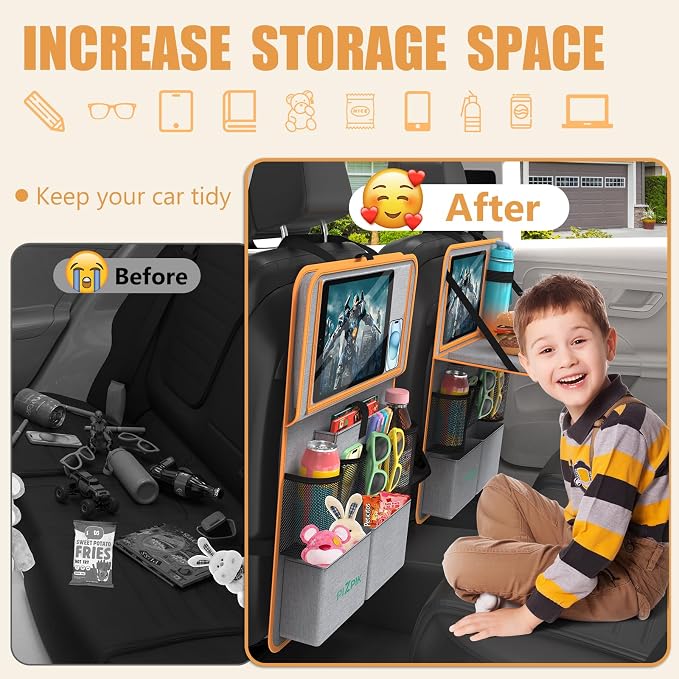 Car Backseat Organizer with Tablet Holder,11 Storage Pockets with Foldable Food Tray, Protector Kick Mats for Kids, Travel Accessories Organizer (Orange, 1Pack) - Image 4