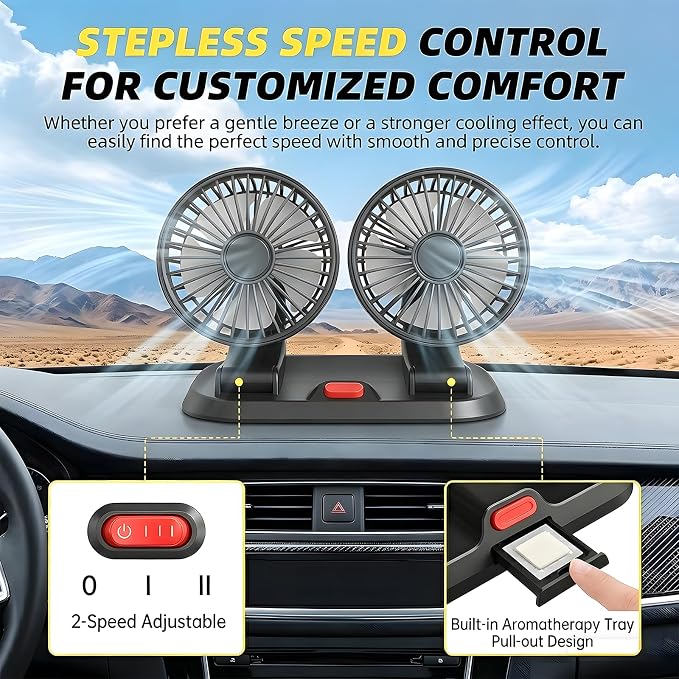 5V Dual Head Car Fan, Portable Vehicle Cooling Fan with 2 Speeds, 360° Rotatable Adjustable Dashboard Air Circulator for SUV, RV, Truck, Sedan, Cruise, Cigarette Lighter Powered USB Fan - Image 2