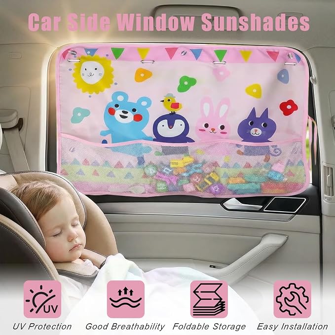 Car Window Shade for Baby, Car Sun Shade Curtain with Storage Pockets & Suction Cups, Cartoon Sun Blocker Blind for Side Windows, Blocks Heat, Privacy Cover for SUV Sedan (Critter Crew) - Image 3