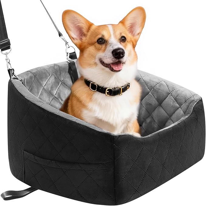 Dog Car Seat for Small Dogs Up to 30 Lbs, Pet Travel Safety Bed for Puppy Cat, Fits in Front/Back Seat, Anti Slip Base, Fully Detachable Washable with 2 Safety Tether(Grey-Black) - Image 8