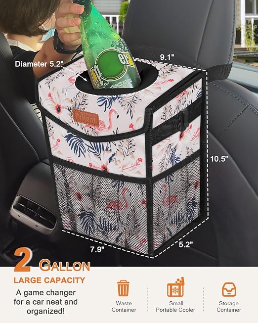 Pritent Car Trash Can with Lid Leakproof Car Garbage Bag Vehicle Trash Bin | Hanging Automotive Garbage Can,Multipurpose Car Accessories for Women Men Interior Car Storage Organizer(2 Gal,Flamingo) - Image 2