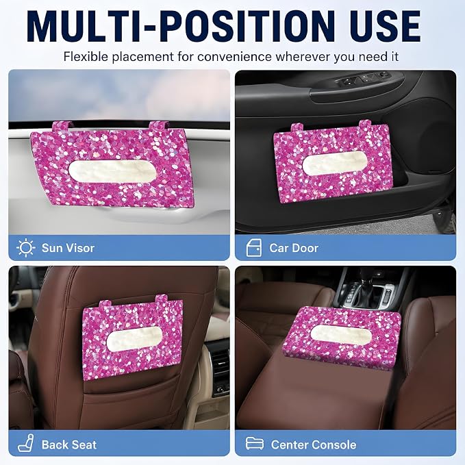 Car Tissue Holder, Cute Sun Visor Napkin Holder Backseat Tissue Case, PU Leather Tissue Box, Funny Car Accessories for Women Men Purple Glitter Pattern - Image 5