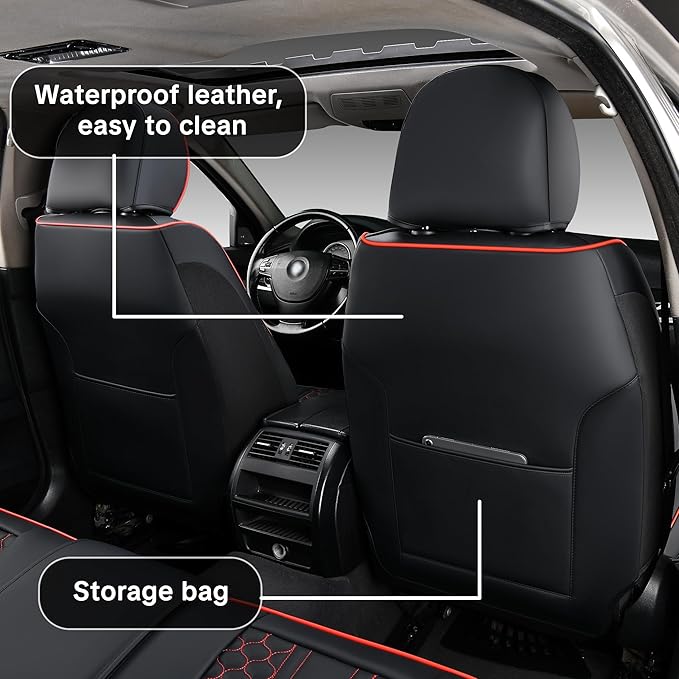 Black and Red Leather Car Seat Cover Set, with Lumbar Support | OEM-Inspired Interior Upgrade - Image 6