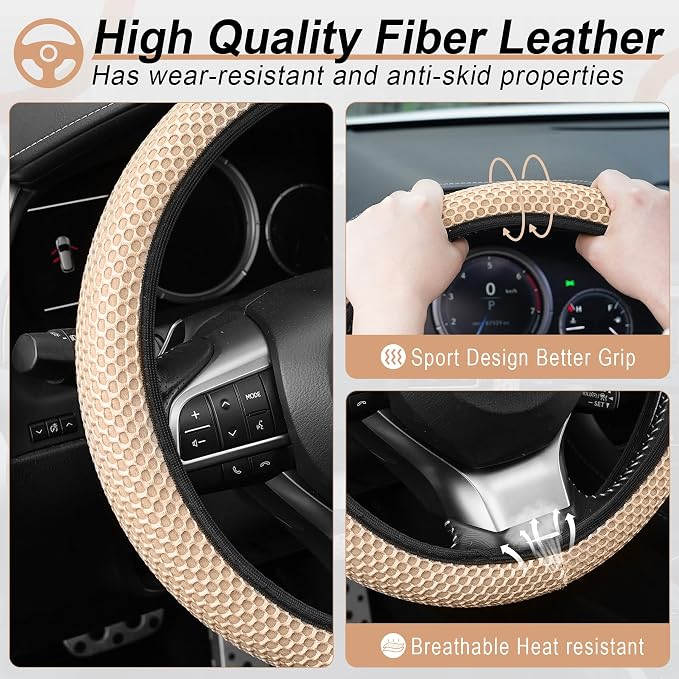 Alpmosn Elastic Stretch Steering Wheel Cover, Breathable Microfiber Ice Silk, Anti-Slip, Car Interior Accessories Fits for 14"-15" Steering Wheel Covers for Women & Men(Beige) - Image 3