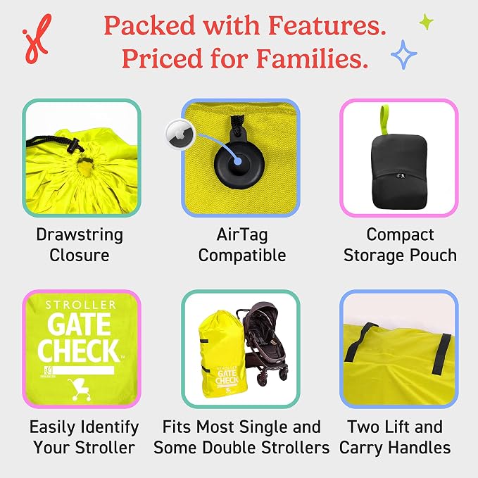 J.L. Childress Gate Check Bag for Single & Double Strollers, Neon Yellow | AirTag compatible Gate Check Bag keeps strollers clean, protected & easy to identify when airport gate checking - Image 6