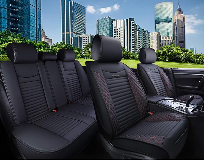 5 Car Seat Covers Full Set Waterproof Leather Universal Fit, Black-Red | Compatible with Toyota Highlander Corolla Acura Honda Civic Accord Jeep Prius Rav4 Altima Optima Ford Forte Mazda - Image 2