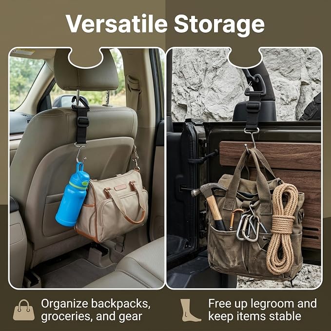 2 Pack Car Headrest Hooks, Heavy Duty Metal Purse Holders, Black | Adjustable Seat-back Organizers for Handbags, Grocery Bags and Accessories, Universal Fit for Front and Rear Seats - Image 6