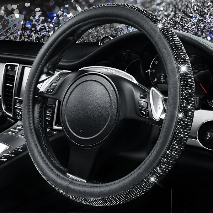 CAR PASS Bling Black Diamond Leather Steering Wheel Cover, with Sparkly Crystal Glitter Rhinestone Universal Fit 15" 1/2-16" Large Size Car Wheel Protector for Women Girl Fit Car,SUV,Van,Sedan, Black by CARPASS