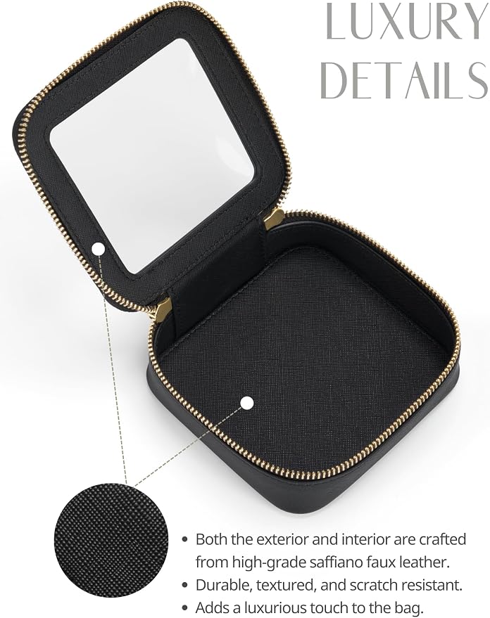 Small Clear Makeup Bag for Purse, Travel Cosmetic Case, Black, Mini | Waterproof PU Leather, Transparent Square Make Up Pouch with Zipper, Tiny Toiletry Organizer Bag for Women Car Essentials Bag - Image 6