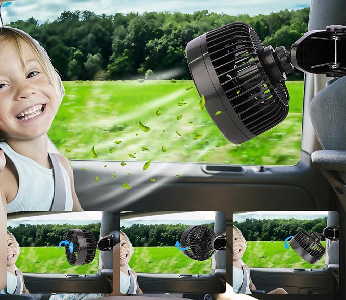 Alagoo Car Fan 6'' 12V Cool Gadgets Clip Fan for Front Rear Seat Passenger Portable Electric Air Fresh Fan with Cigarette Lighter Plug for Cars/Vehicle SUV, RV - Image 3