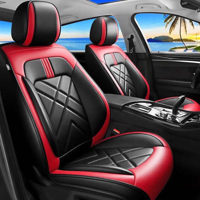 Rio Car Seat Covers Fit for KIA Rio 2014-2025 2026, Premium Full Coverage Leather Automotive Seat Protectors, All Seasons Waterproof Breathable, Airbag Compatible (2 Front Seats, Red Black) by Unknown