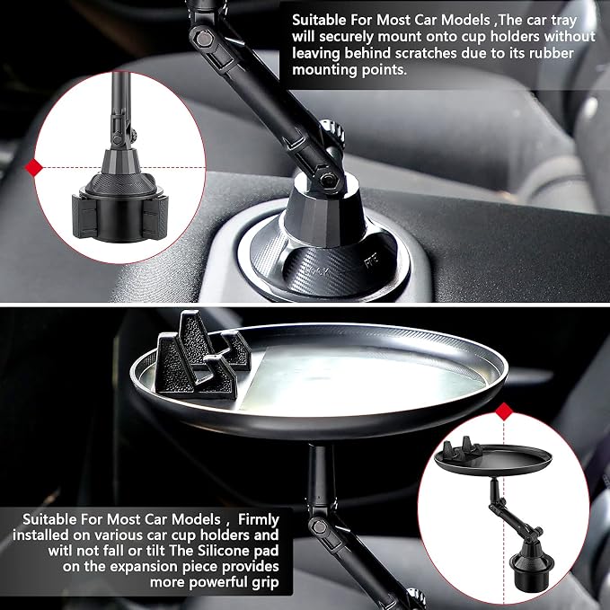 Frienda Car Cup Holder Tray, Eating Table with Phone Slot, 360 Swivel | Universal Fit Vehicle Boats Golf Carts, Adjustable Height Angle, Lap Dining Surface Adults Drivers, Durable Black Finish - Image 6