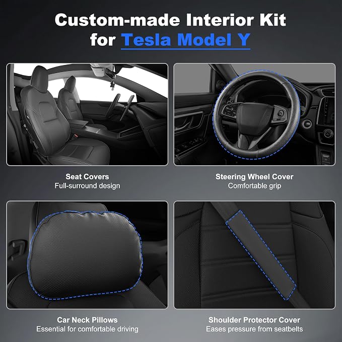 AOMSAZTO Seat Cover for Tesla Model Y 2020-2025 Not for Juniper/Performance | 4-Pieces Set with Seatbelt Cover,Steering Wheel Covers, Headrests,5 Seats Faux Leather Waterproof,Airbag Compatible-Black - Image 3