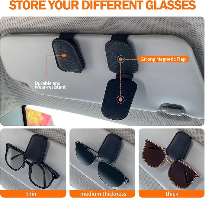 Shering Sunglasses Holders for Car Sun Visor, Magnetic Leather Glasses Eyeglass Hanger Clip for Car, Visor Sunglasses Holder Clip Car Accessories for Truck(4, Black) | Magnetic Leather Eyeglass Hanger Clip for Car Visor, One-Hand Easy Operation, Interi... - Image 2