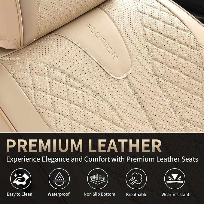 FLORICH Front Seat Covers, Leather Car Seat Covers Luxury Automotive Seat Covers Waterproof Car Seat Protectors Universal Fit for Most Cars SUV Trucks Vehicles, Beige - Image 5