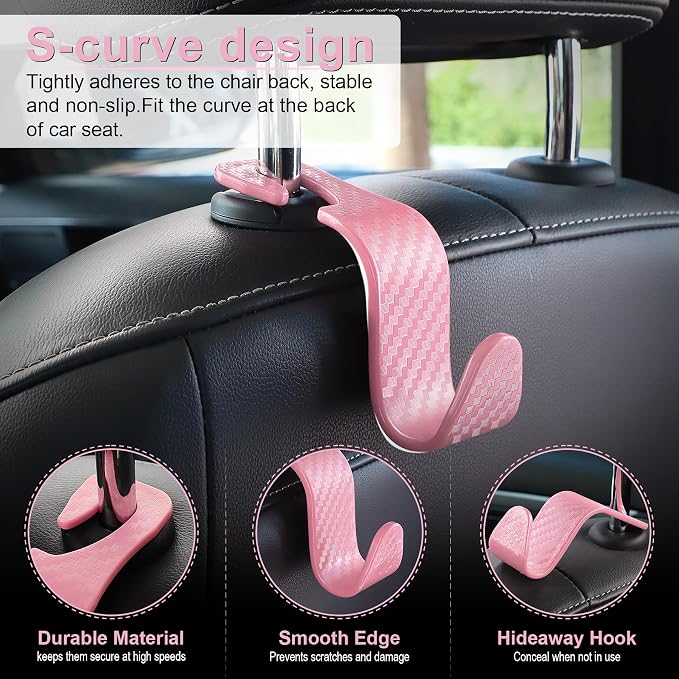 LivTee Car Purse Hook, Headrest Hook for Car, 4 Pack Universal Auto Car Seat Headrest Hook Hangers Organizer for Purse Coat Umbrellas Grocery Bags Handbag, Car Accessories - Carbon Fiber Pink - Image 2