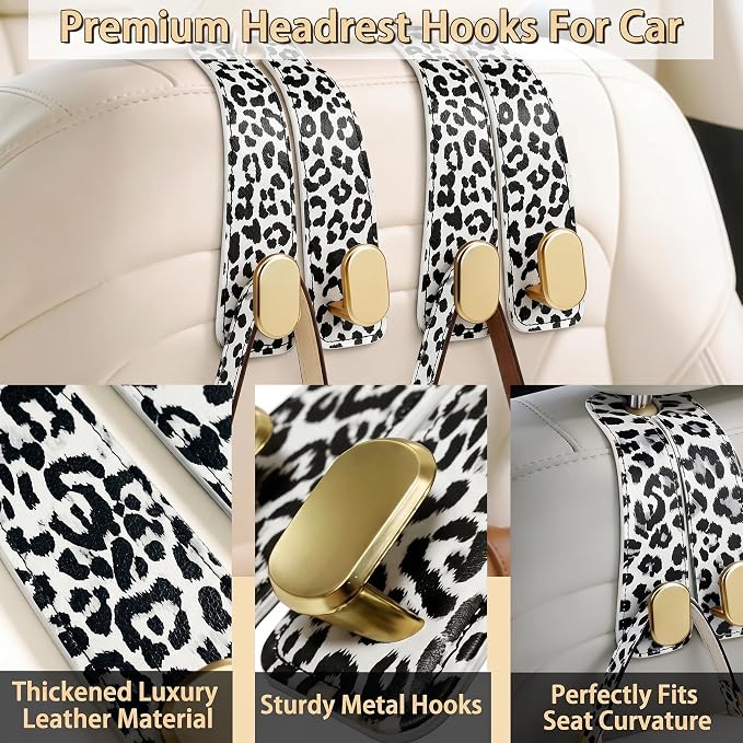 Car Hooks for Headrest: 2Pcs Car Headrest Hook with Leopard Leather | With Double Metal Hooks - Purse Hook For Car - Car Headrest Hooks - Car Bag Hooks for Purses, Handbags, Bags - White Leopard - Image 2
