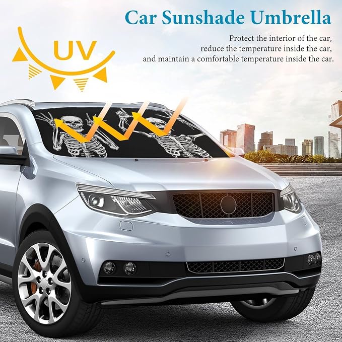 Funny Skeleton Car Windshield Sun Shade Umbrella, Car Windshield Sunshades Cover with 360¡ã Rotation Bendable Handle, Foldable Sun Shade for Most Vehicles - Image 4