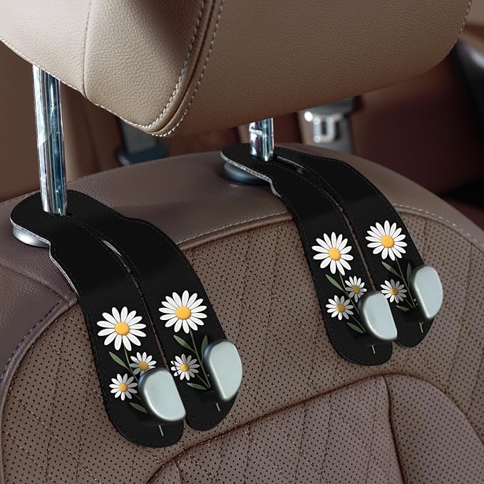 CoBak Purse Hook for Car - Universal Premium Stitched Leather and Aluminum-Magnesium Alloy Double Car Seat Back Storage Hook for Purses, Handbags, Bags (2 Pack),Daisy by PopulartabletcasebrandWegivepeoplethebestdesignofprotectingvariouselectronicdevices