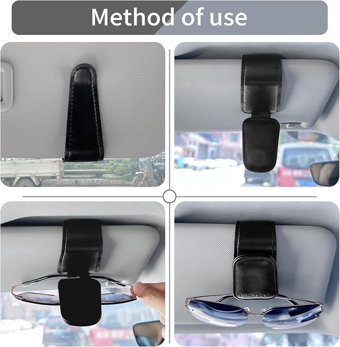 TILDOSAC Sunglasses Holder for Car Visor, Leather Magnetic Sunglass Holder for Car with Clip, Black - Image 3