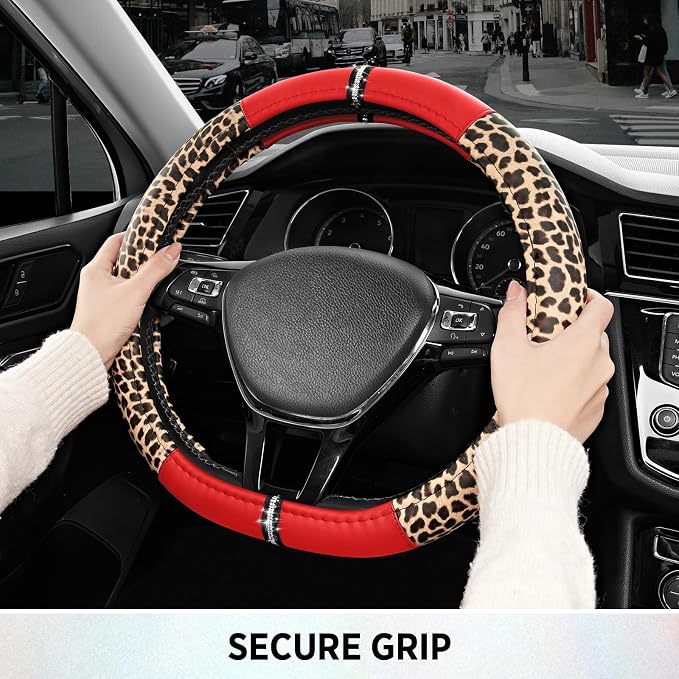Road Comforts Leopard Steering Wheel Cover for Women, Cute Anti-Slip Microfiber Leather, Fits D Shape Flat Bottom Steering Wheel 14.5-15 Inch - Red - Image 5