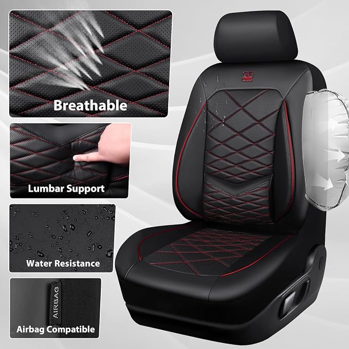 CAR PASS Luxury Nappa Leather Seat Covers Full Set, Water Resistant Faux Leather Seat Cover with Lumbar Support, Breathable Automotive Seat Covers Universal Fit for Sedan SUV Van Truck, Black Red - Image 9