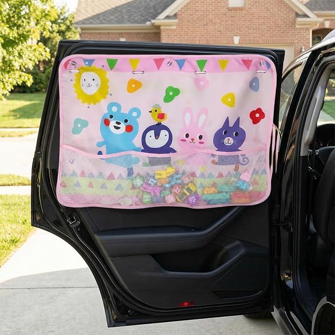 Car Window Shade for Baby, Car Sun Shade Curtain with Storage Pockets & Suction Cups, Cartoon Sun Blocker Blind for Side Windows, Blocks Heat, Privacy Cover for SUV Sedan (Critter Crew) by Unknown