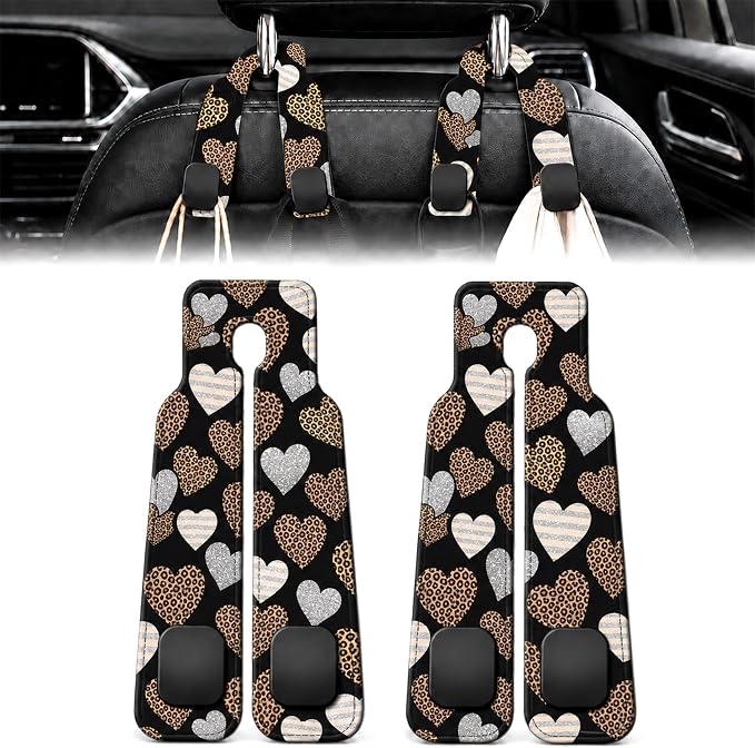 2 Pack Leopard Print Heart Car Headrest Hooks for Purse Seat Hanger | Leopard Heart Car Accessories Metal Hook, Trendy Gifts for Women, PU Leather Double Hook for Backseat Organizer by Z-synka