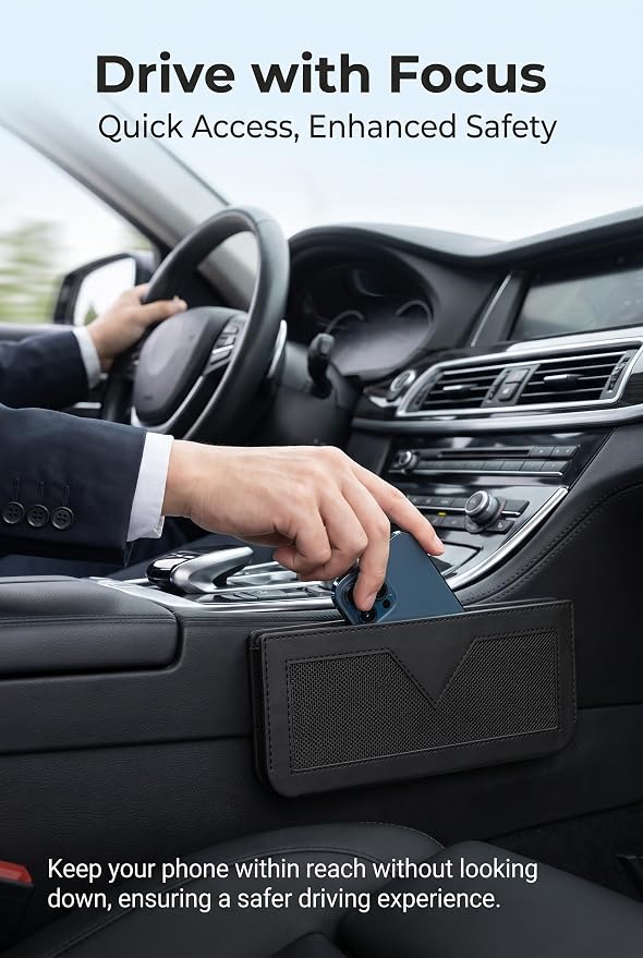 Car Seat Gap Filler Organizer, PU Leather Side Storage Pouch for Phone Keys Cards, Anti Scratch Console Pocket with Self Adhesive, Universal Car Organizer for SUV Truck (Black) - Image 3