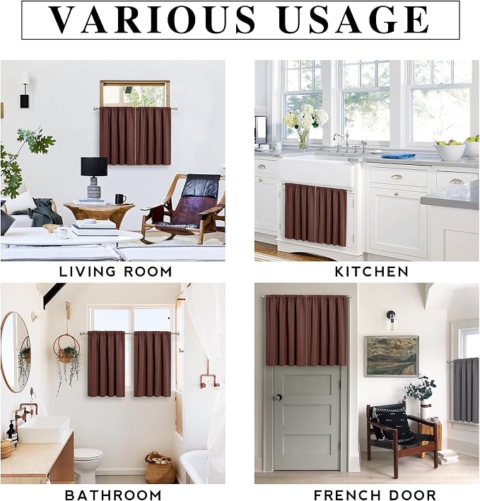 RYB HOME Cafe Blackout Curtains 30 inch Length, Short Window Curtain Tiers | Light UV Heat Blocking,Energy Saving,Privacy ,For Basement Bathroom Kitchen Window,W29 x L30,Chocolate Brown,2 Panels - Image 5