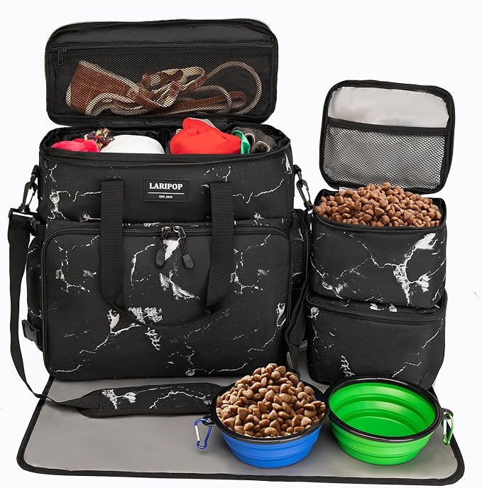 LARIPOP Dog Travel Bag Airline Friendly for Small Medium Large Dogs, Pet Travel Organizer with Collapsible Bowls Food Containers Mat, Waterproof Portable Tote for Dog Outdoor Travel by LARIPOP