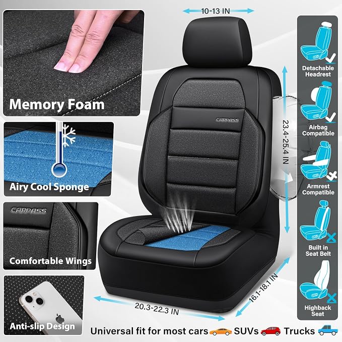 CAR PASS Memory Foam Seat Covers Front, Airy Cool Mesh Thick Car Seat Covers, Leather Car Seat Covers Front Seats Airbag Compatible, Universal Automotive Comfort for Cars, Trucks, SUV, Charcoal Gray - Image 4