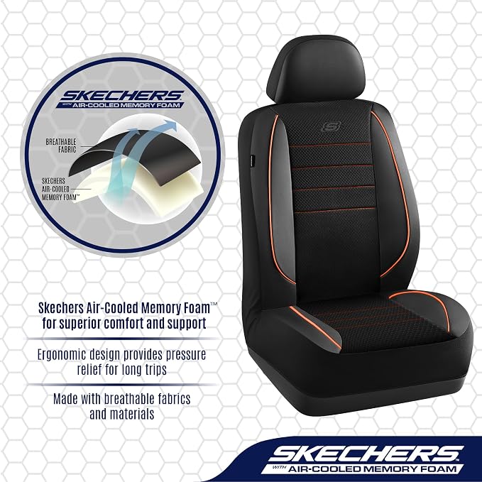 Skechers Air-Cooled Memory Foam Seat Covers,Mesh Thick Car Seat Covers,Piping Leather Car Seat Cover,Airbag Compatible,Automotive Comfort for Most Cars, Vans, Trucks, SUV(Brown, Full Set) - Image 3