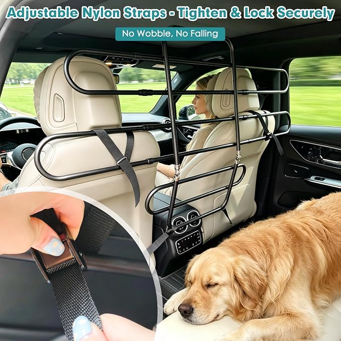 Snagle Paw Dog Car Barrier for SUV, Adjustable 40.5"-58.3" Dog Car Divider for Cargo Area and Backseat, Moves with Seats, Metal Pet Barrier for SUVs, Trucks, Sedans,with Tightening Nylon Straps, Black | Adjustable width - Image 3