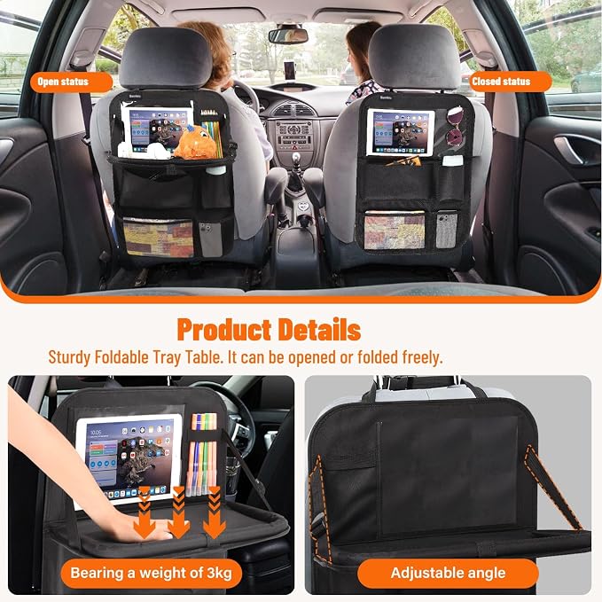 2 Pack Car Backseat Organizer with Foldable Table Tray, 16 Storage Zones Kick Mats Protector Tablet Holder for Family Travel (Black) - Image 7