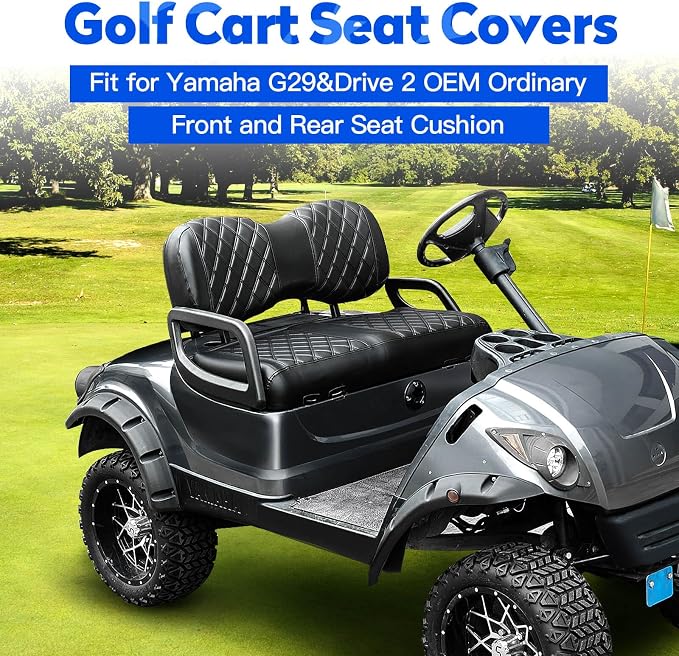 NOKINS Golf Cart Seat Covers 4 Piece Fits Yamaha Drive G29 /Drive2 | Front and Rear Seat Vinyl Covers, Golf Cart Accessories, No Staples(Black&Black Stitch) - Image 2