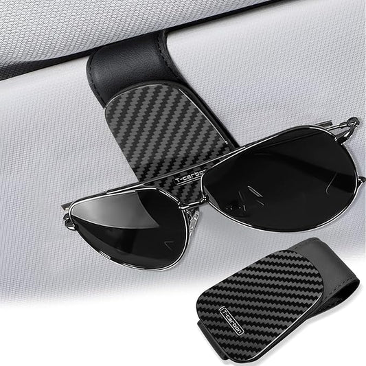 T-carbon Sunglass Holder for Car Sun Visor | Magnetic Leather Glasses Holder,Carbon Fiber Sunglasses Holder and Ticket Card Clip,Car Accessories Interior,Glossy Black by adisseminatorofcarbonfiberaestheticsamanufacturerofcarbonfiberproducts