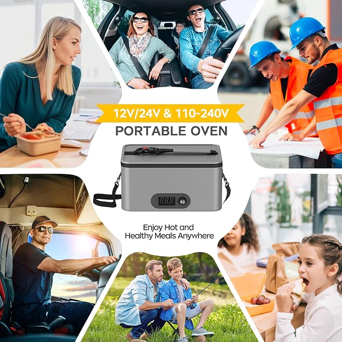 Portable Oven, 12V 24V 110V-240V Car Food Warmer Portable Personal Mini Oven Electric Heated Lunch Box for Meals Reheating & Raw Food Cooking for Road Trip/Camping/Picnic/Family Gathering(Gray) - Image 6