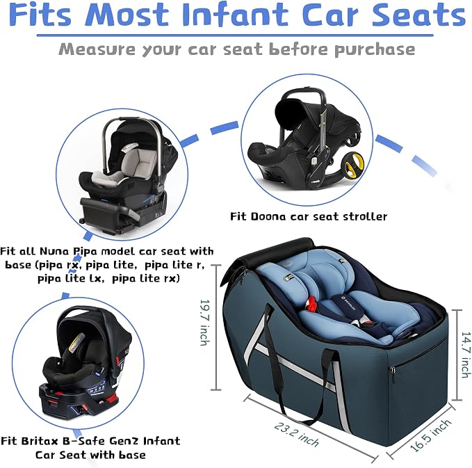 Infant Car Seat Travel Bag for Airplane Compatible with All Nuna Pipa Car Seat and Base,Chicco KeyFit 30 and Base, Padded Car Seat Bags for Air Travel,Car Seat Gate Check Bag with Side Pocket, Blue - Image 5