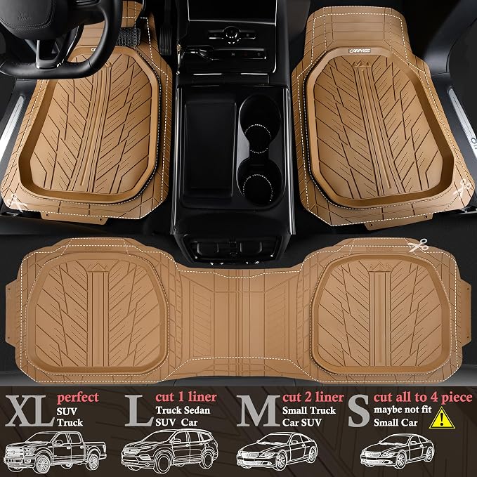 CAR PASS Tire Tread DeepDish Rubber Floor Mats for car Heavy Duty car mats All Weather, Universal XL~M Trim to Fit for Truck SUV Vehicle Automotive, Waterproof car mats 3 piece Solid Beige - Image 3