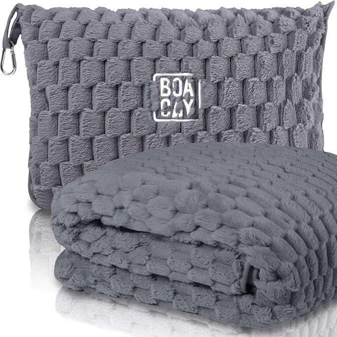 BOACAY Packable Travel Blanket for Airplane, Car - Compact Office Blanket - Portable Pillow for Adults, Kids with Case, Luggage Sleeve, Backpack Clip by BOACAY