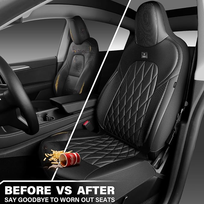 CAR PASS Nappa Leather High Back Front Seat Covers, Tesla Model 3 Model Y Breathable Faux Leather Front Bucket Seat Covers, Anti-Slip Airbag Compatible Universal Fit for Sedan SUV Van Truck, Black - Image 5