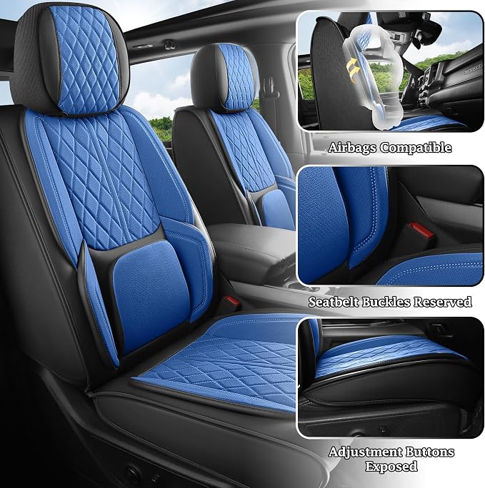 Custom Fit Chevy Silverado GMC Sierra 1500 2007-2026 2500/3500 HD Crew Cab Faux Leather Front Seat Covers - 2 Pack, Waterproof & Breathable Car Seat Protector for Truck, BlackBlue - Image 2