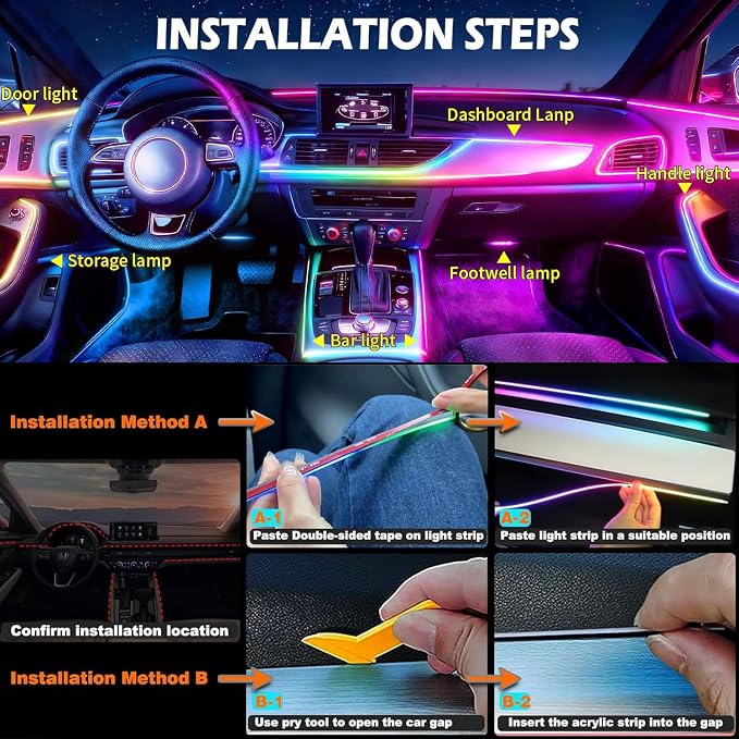 Interior Car LED Strip Lights,Acrylic LED Lights for Car with Dynamic Dreamcolor Chasing,175 inches 10 in 1 RGB Neon Strip Fiber Optic Ambient Lighting Kits with Remote APP,for Inside car Decorations - Image 9